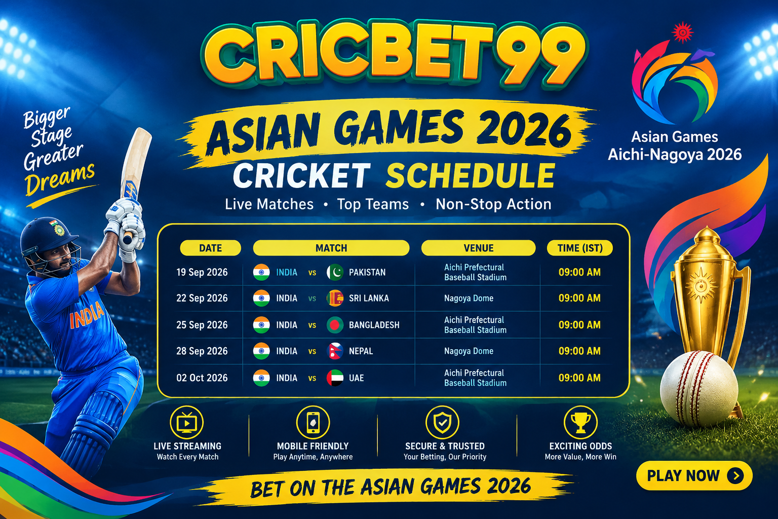 Asian Games 2026 Cricket Schedule